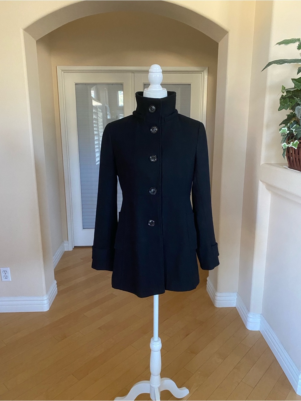Kenneth Cole Wool Blend Stand-Collar Black Pea Coat